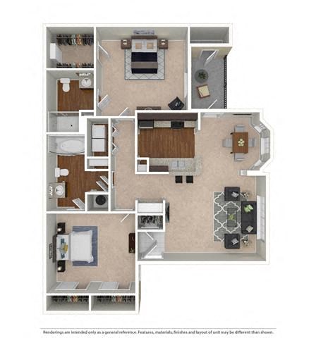 Floor plan for 2 beds, 2 baths, 1040 sqft