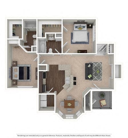Floor plan for 2 beds, 2 baths, 1105 sqft