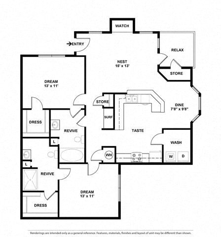 Floor plan for 2 beds, 2 baths, 1116 sqft