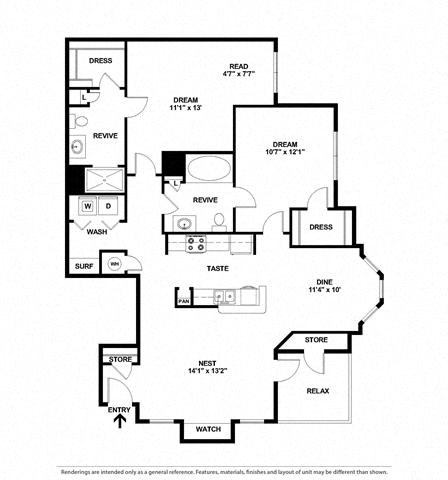 Floor plan for 2 beds, 2 baths, 1152 sqft