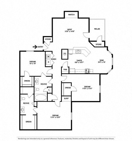 Floor plan for 3 beds, 2 baths, 1250 sqft