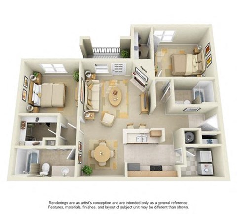 Floor plan for 2 beds, 2 baths, 1127 sqft