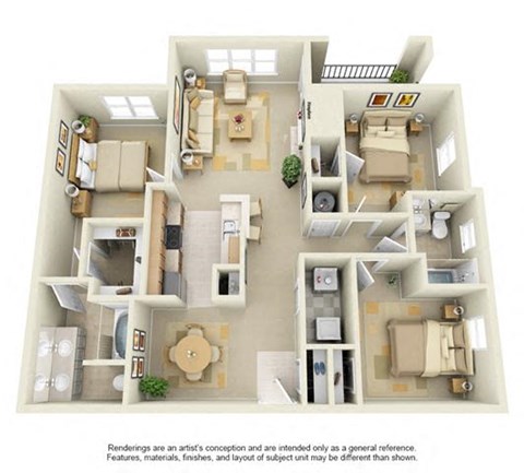 Floor plan for 3 beds, 2 baths, 1300 sqft