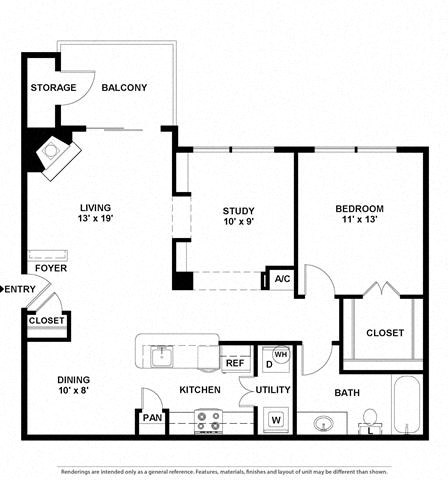 Floor plan for 1 bed, 1 bath, 972 sqft