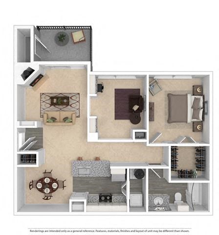 Floor plan for 1 bed, 1 bath, 972 sqft