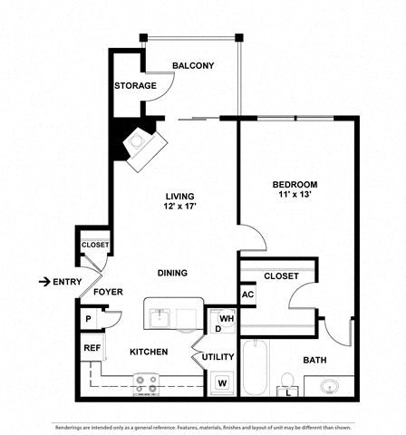 Floor plan for 1 bed, 1 bath, 698 sqft