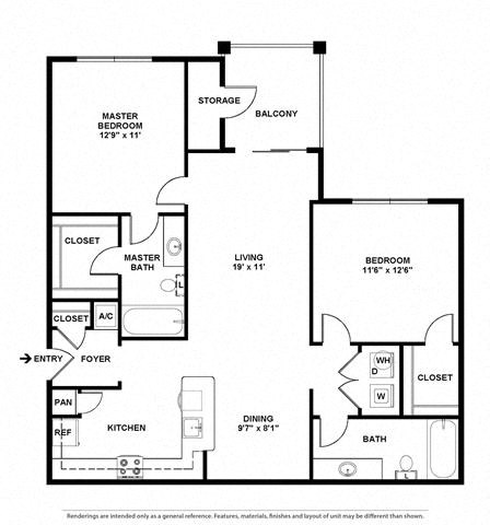 Floor plan for 2 beds, 2 baths, 1050 sqft