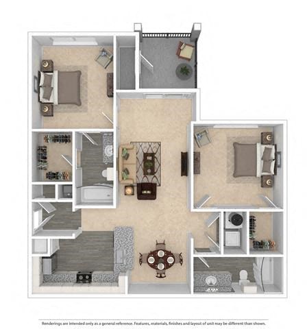 Floor plan for 2 beds, 2 baths, 1050 sqft