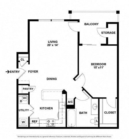 Floor plan for 1 bed, 1 bath, 833 sqft