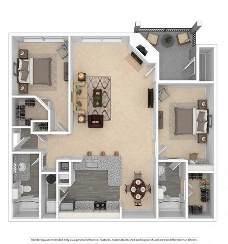 Floor plan for 2 beds, 2 baths, 1336 sqft