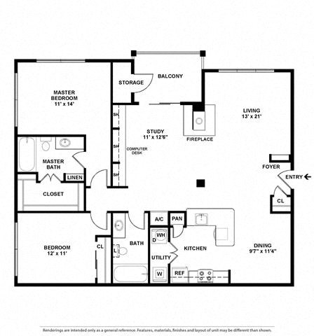 Floor plan for 2 beds, 2 baths, 1378 sqft