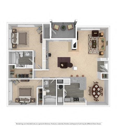 Floor plan for 2 beds, 2 baths, 1378 sqft