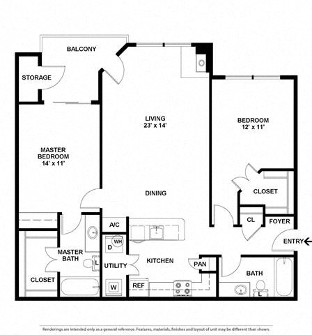 Floor plan for 2 beds, 2 baths, 1147 sqft
