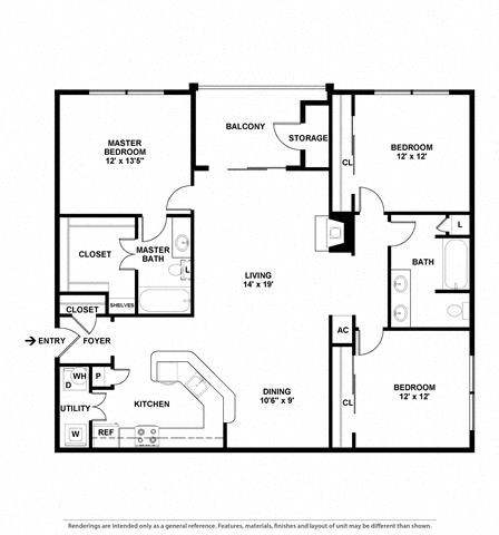 Floor plan for 3 beds, 2 baths, 1468 sqft