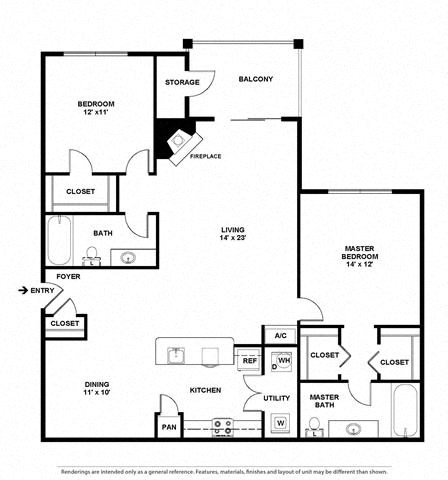 Floor plan for 2 beds, 2 baths, 1257 sqft
