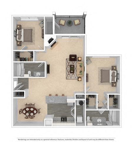 Floor plan for 2 beds, 2 baths, 1257 sqft