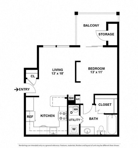 Floor plan for 1 bed, 1 bath, 600 sqft