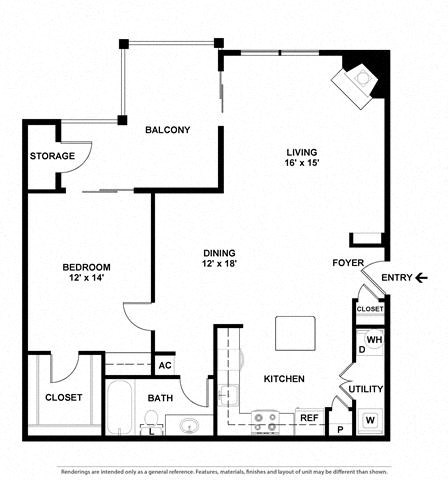 Floor plan for 1 bed, 1 bath, 971 sqft