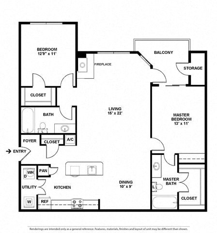 Floor plan for 2 beds, 2 baths, 1225 sqft