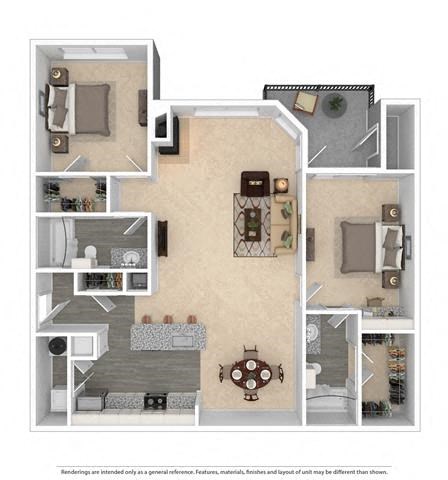 Floor plan for 2 beds, 2 baths, 1225 sqft
