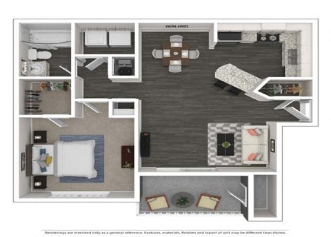 Floor plan for 1 bed, 1 bath, 750 sqft
