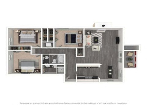 Floor plan for 3 beds, 2 baths, 1235 sqft