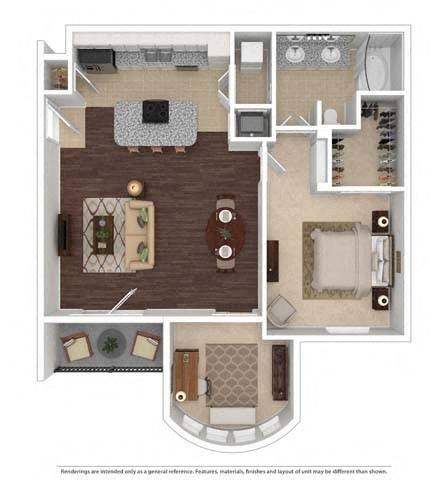 Floor plan for 1 bed, 1 bath, 975 sqft