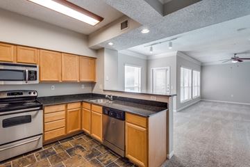 Houston apartment for rent - A kitchen with wooden cabinets and a stainless steel dishwasher.