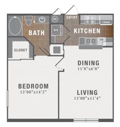 Floor plan for 1 bed, 1 bath, 669 sqft