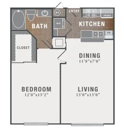 Floor plan for 1 bed, 1 bath, 749 sqft