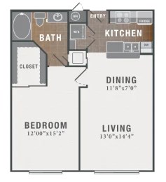 Floor plan for 1 bed, 1 bath, 762 sqft