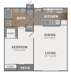 Floor plan for 1 bed, 1 bath, 875 sqft
