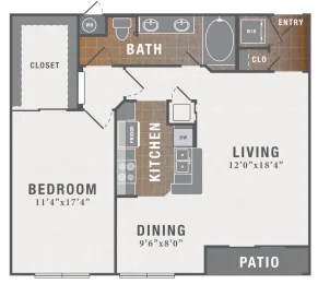 Floor plan for 1 bed, 1 bath, 877 sqft