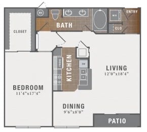 Floor plan for 1 bed, 1 bath, 883 sqft