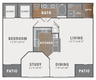 Floor plan for 1 bed, 1 bath, 1008 sqft