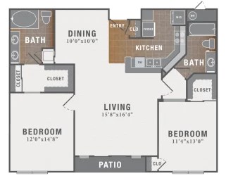 Floor plan for 2 beds, 2 baths, 1174 sqft