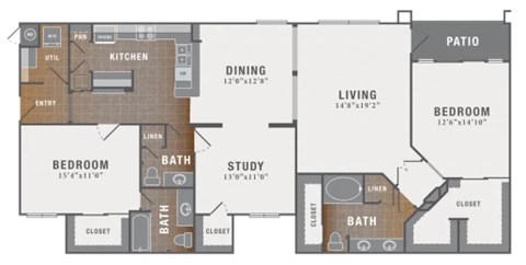 Floor plan for 2 beds, 3 baths, 1787 sqft