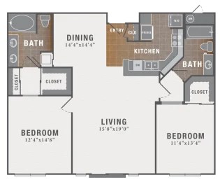 Floor plan for 2 beds, 2 baths, 1214 sqft