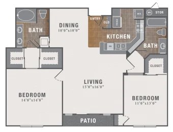 Floor plan for 2 beds, 2 baths, 1226 sqft