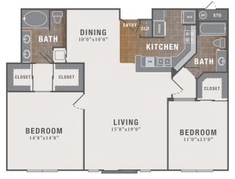 Floor plan for 2 beds, 2 baths, 1266 sqft