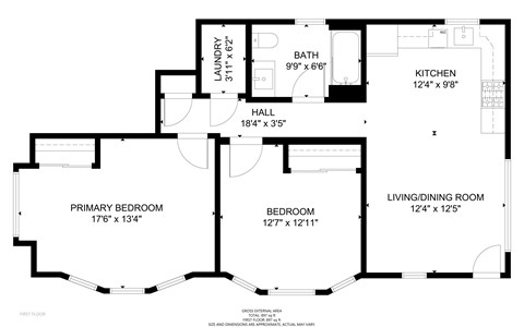 Floor plan for 2 beds, 1 bath, 897 sqft