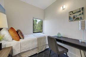 Berkeley apartment for rent - A bedroom with a bed, desk, and chair.