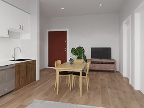 Berkeley apartment for rent - A modern dining room with a wooden table and chairs.