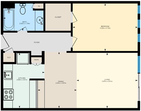 Floor plan for 1 bed, 1 bath, 675 sqft