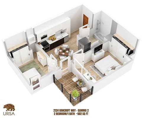 Floor plan for 2 beds, 1 bath, 553 sqft