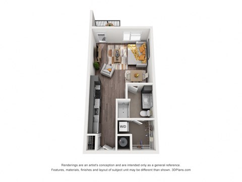 Floor plan for studio, 1 bath, 523 sqft
