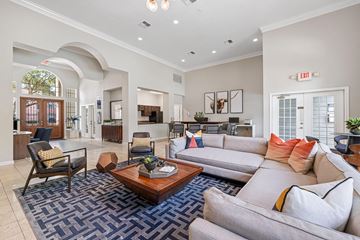 Houston apartment for rent - A living room with a blue rug and a grey couch.