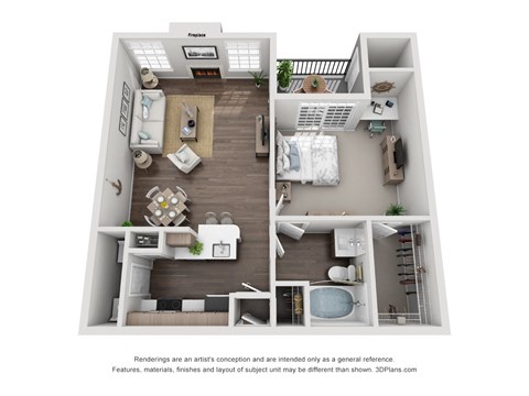 Floor plan for 1 bed, 1 bath, 749 sqft