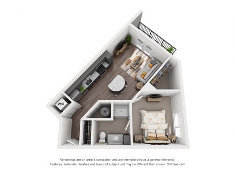 Floor plan for 1 bed, 1 bath, 632 sqft