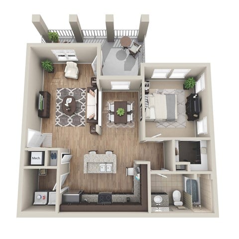Floor plan for 1 bed, 1 bath, 795 sqft